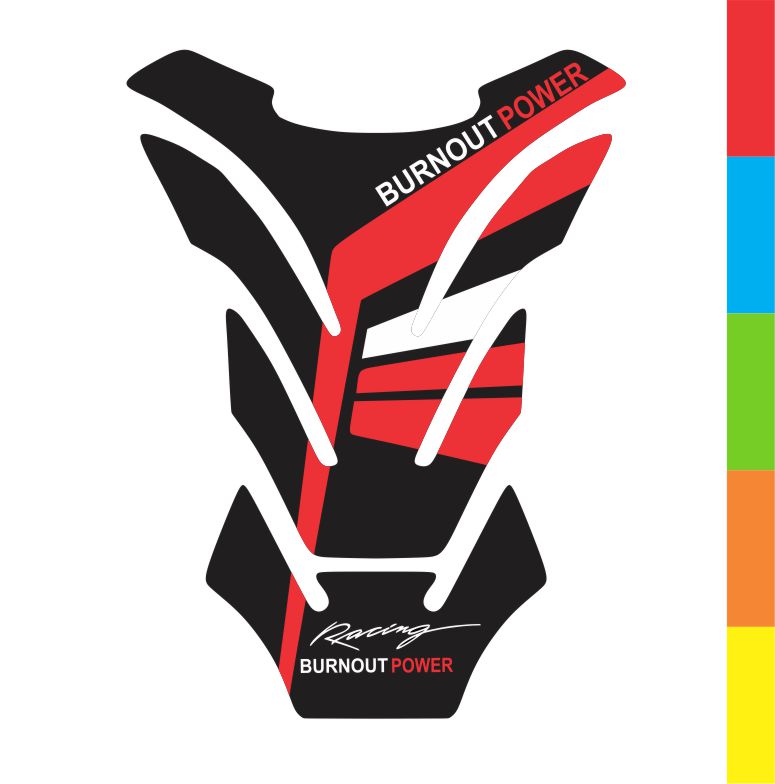 Universal Burnout Power tank pad – scratch-resistant fuel tank protector with high-performance graphic.