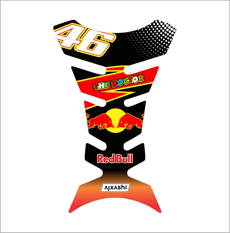 Red Bull VR46 universal motorcycle tank pad – premium fuel tank protector featuring Valentino Rossi’s iconic racing design.