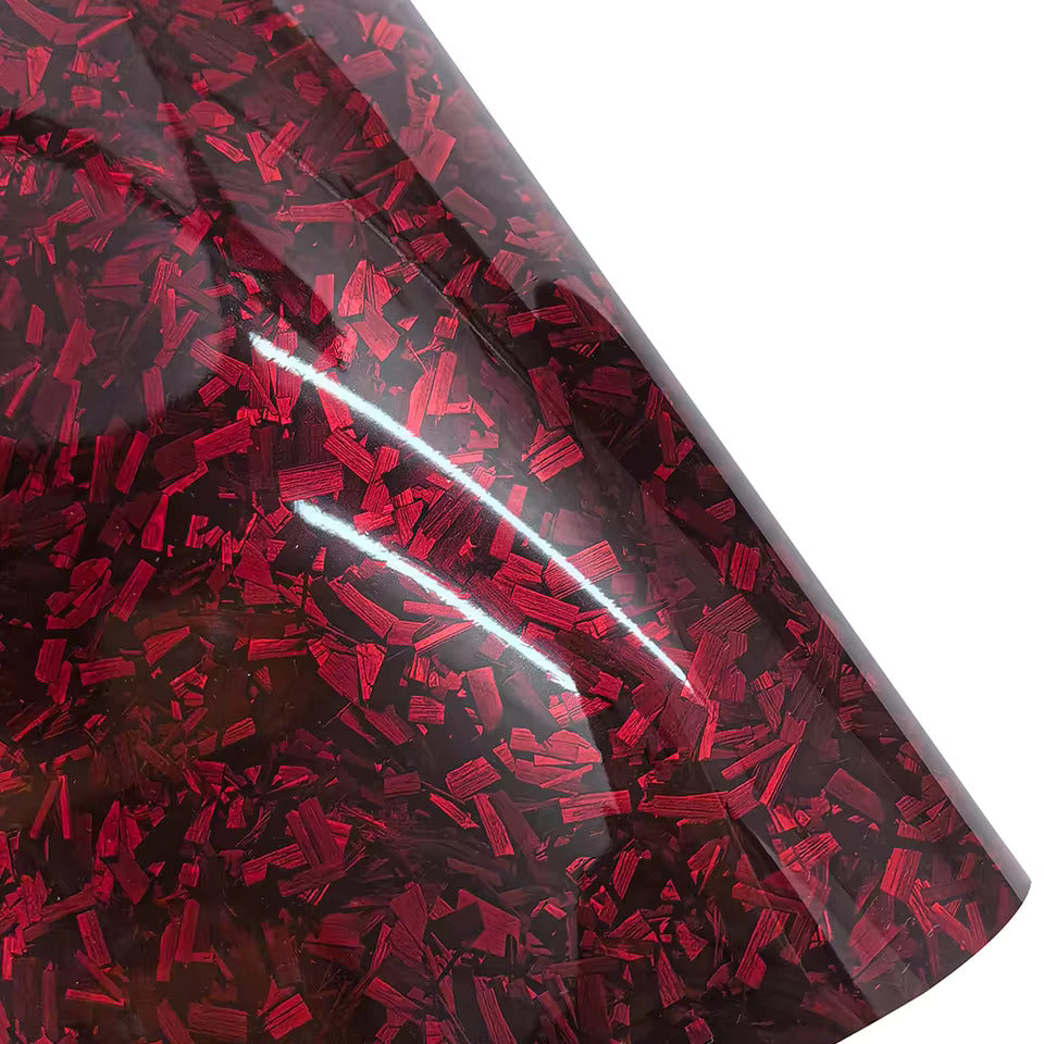 Red forged carbon fiber vinyl wrap with unique marbled texture for cars and accessories