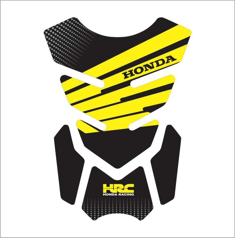 Universal yellow Honda tank pad – high-quality motorcycle fuel tank protector with bold Honda graphics.