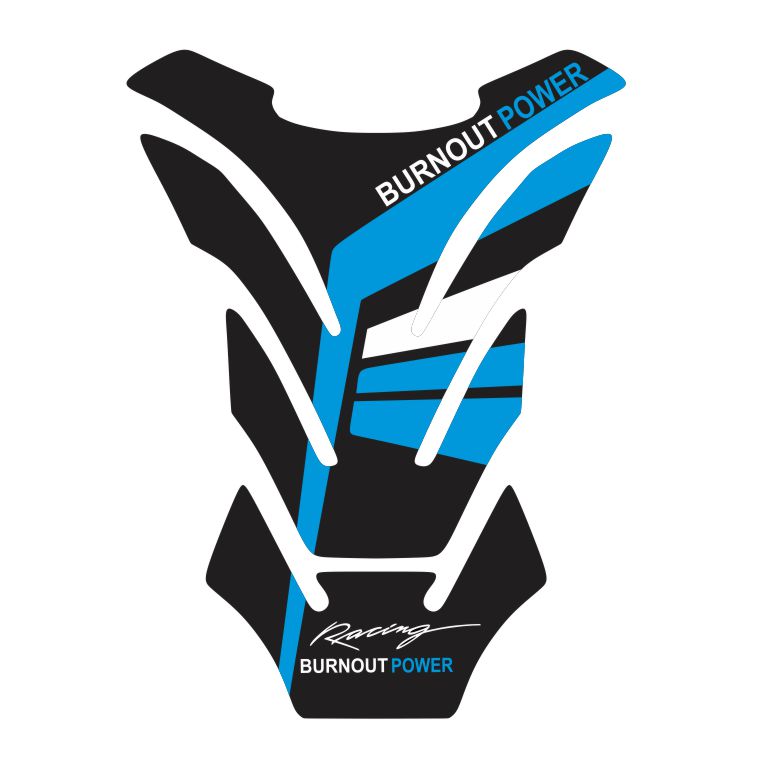 Universal blue Burnout Power tank pad – scratch-resistant fuel tank protector with high-performance graphic.