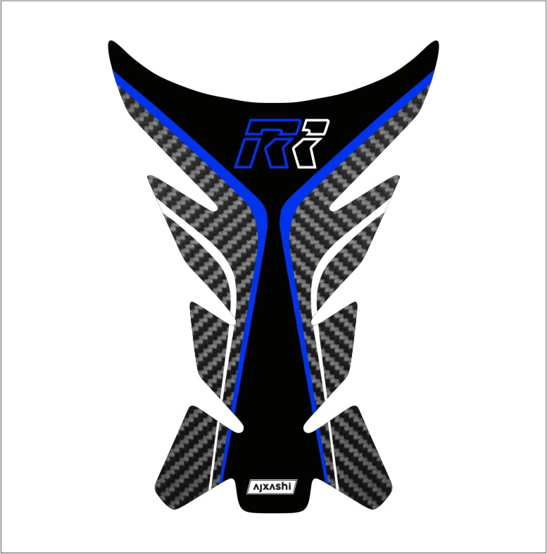 Universal blue R1 tank pad – durable motorcycle fuel tank protector with sleek carbon fiber accents.