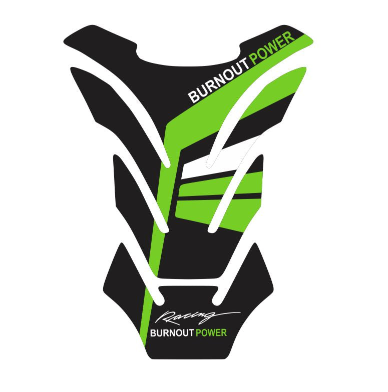 Universal green Burnout Power tank pad – scratch-resistant fuel tank protector with high-performance graphic.