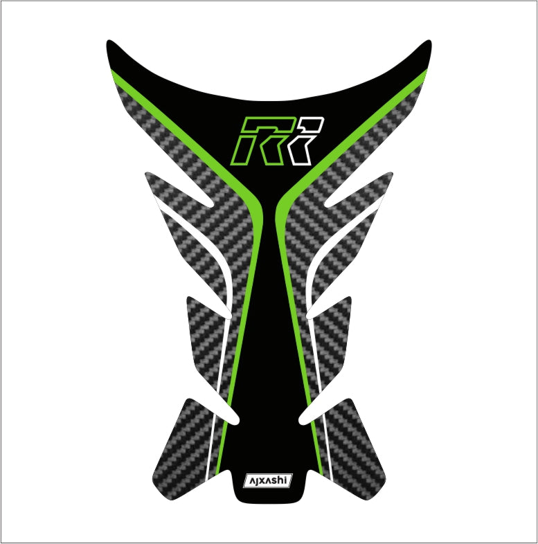 Universal green R1 tank pad – durable motorcycle fuel tank protector with sleek carbon fiber accents.