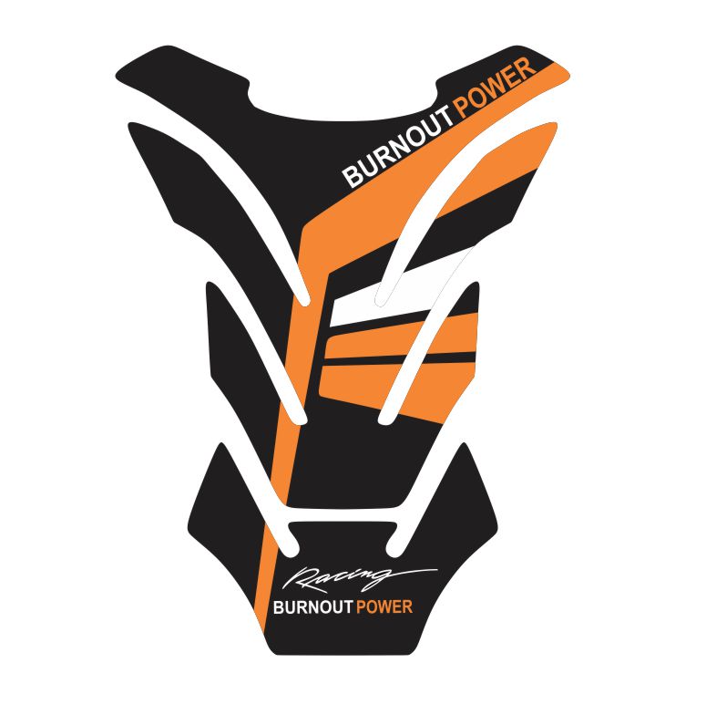 Universal orange Burnout Power tank pad – scratch-resistant fuel tank protector with high-performance graphic.