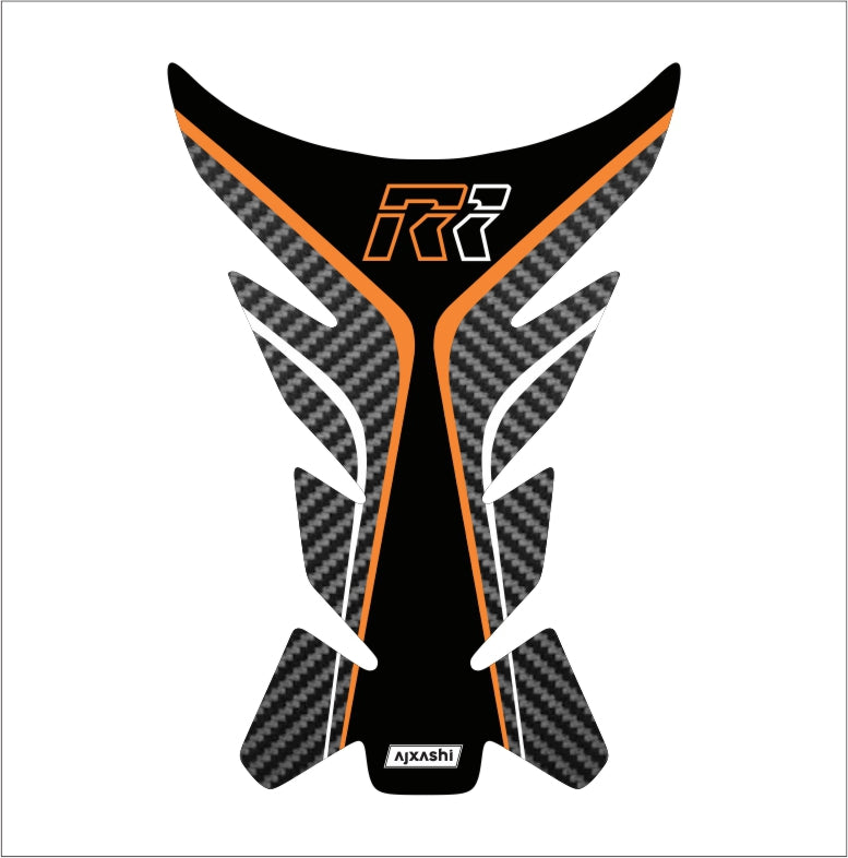 Universal orange R1 tank pad – durable motorcycle fuel tank protector with sleek carbon fiber accents.