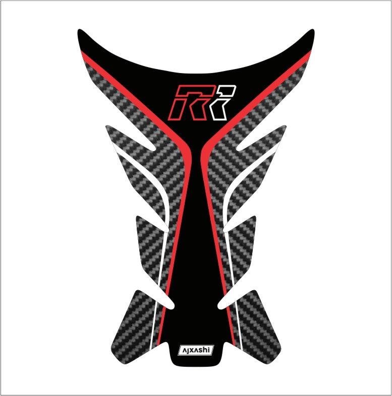Universal red R1 tank pad – durable motorcycle fuel tank protector with sleek carbon fiber accents.