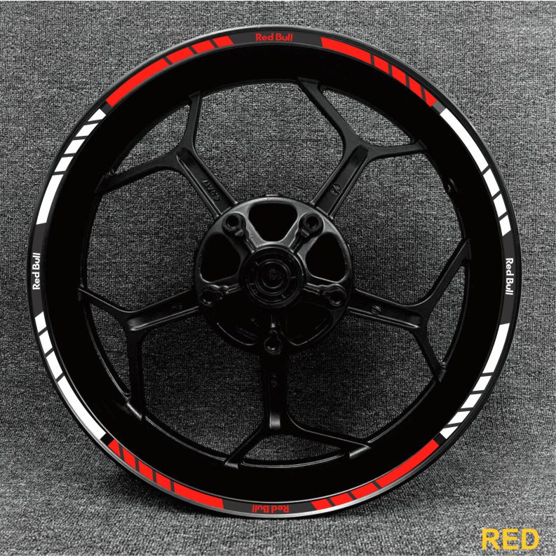 Premium Red Bull wheel decals – fit Suzuki, Honda, Yamaha, and Aprilia sportbikes.