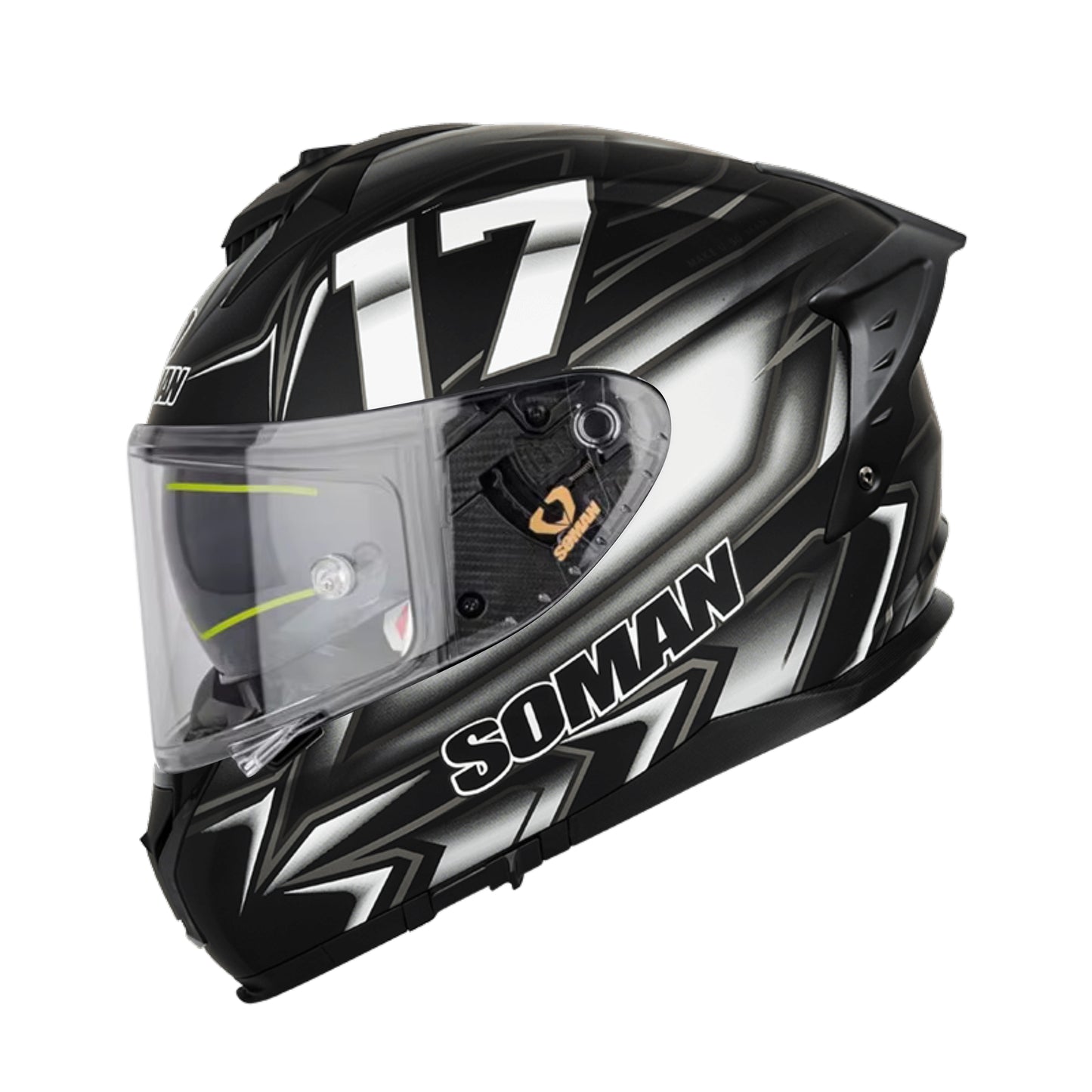Soman full face motorcycle helmet in grey, white, and black with the number 17, designed for a sporty look and complete rider protection