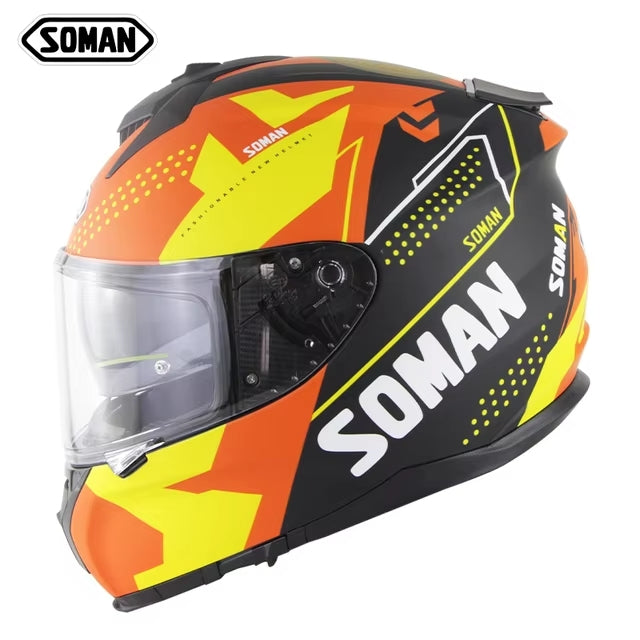 Soman full face motorcycle helmet in orange with sleek aerodynamic design and clear visor.