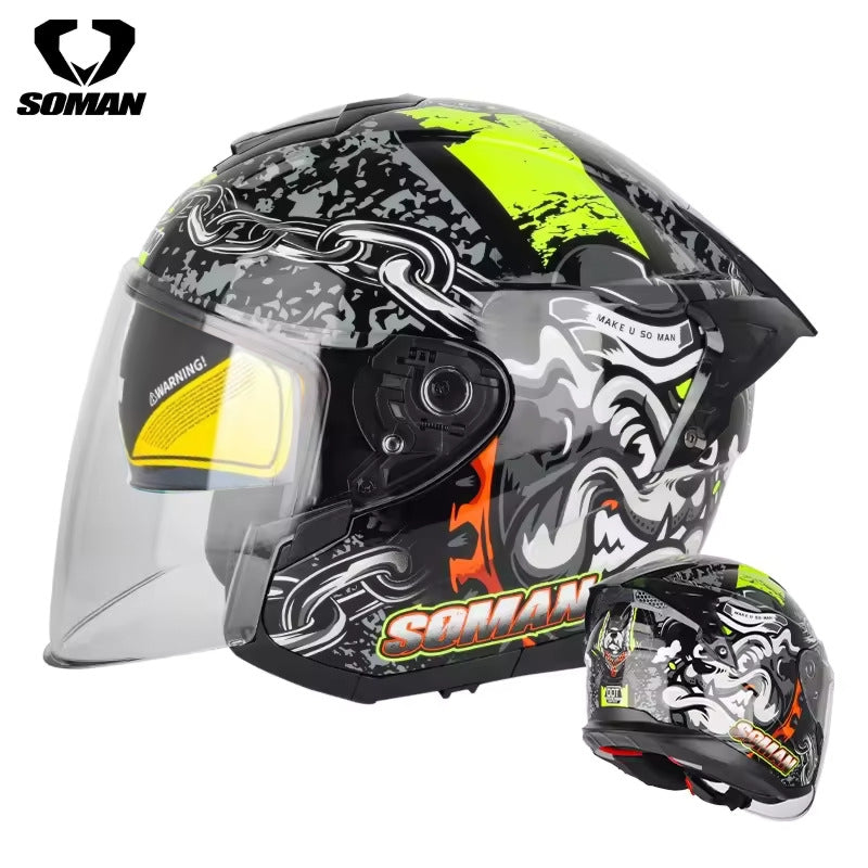 Soman Open Face Helmet with sleek design, visor, and durable shell for rider comfort and safety.