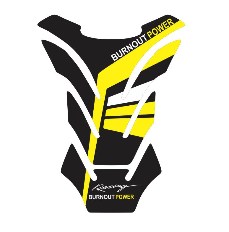 Universal yellow Burnout Power tank pad – scratch-resistant fuel tank protector with high-performance graphic.