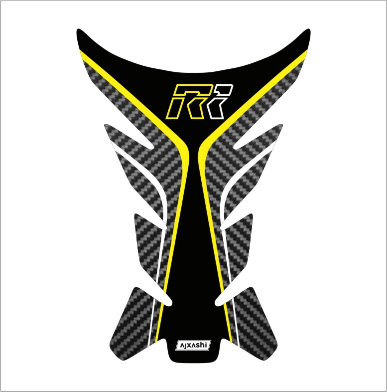 Universal yellow R1 tank pad – durable motorcycle fuel tank protector with sleek carbon fiber accents.