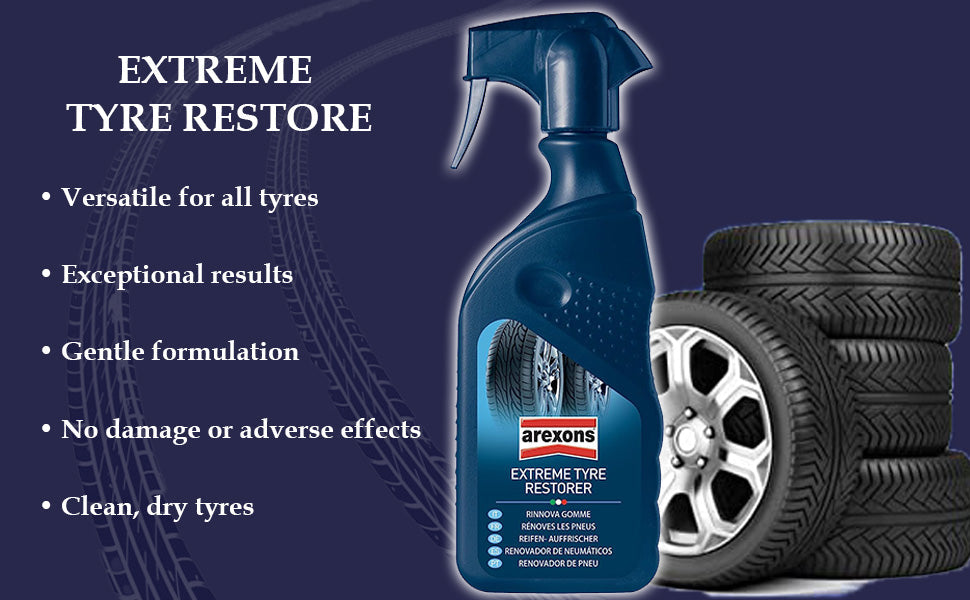 Arexons Extreme Tire Restorer – advanced tire shine formula that restores deep black color and protects against cracking and fading.