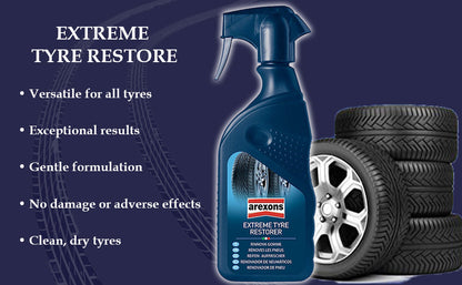 Arexons Extreme Tire Restorer – advanced tire shine formula that restores deep black color and protects against cracking and fading.