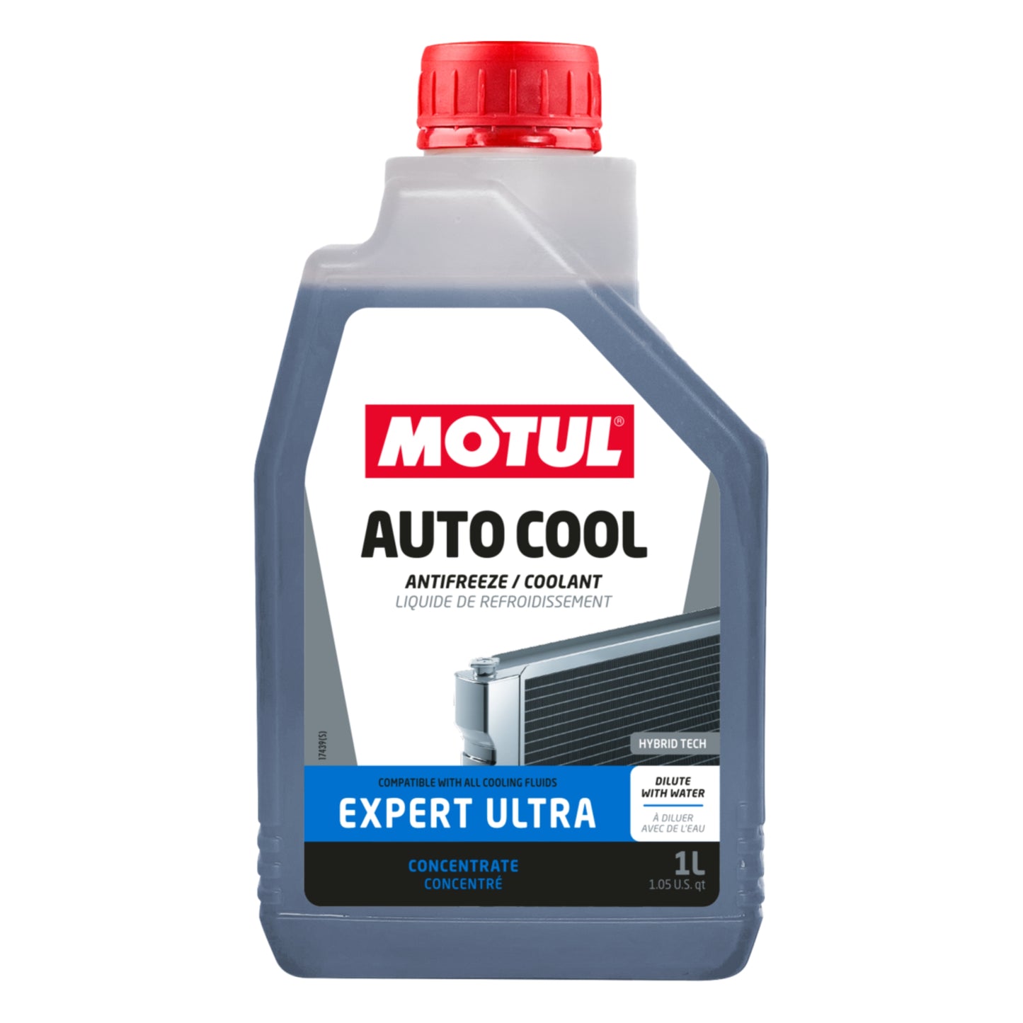 A 1-liter bottle of MOTUL Expert Ultra antifreeze and coolant, featuring a translucent gray bottle, a red cap, and a white label with blue and red accents.