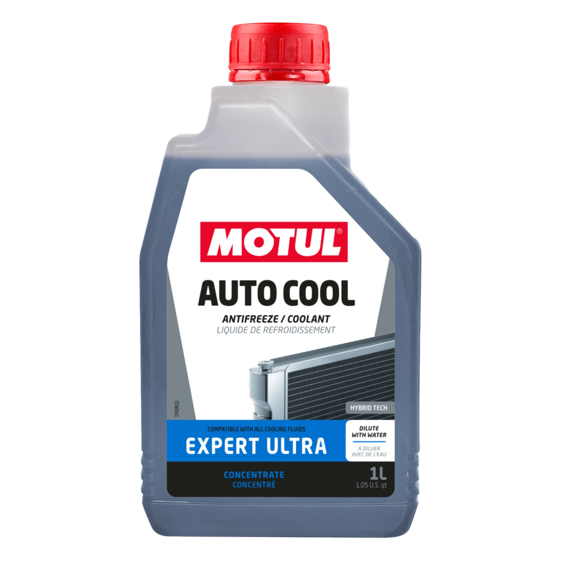 A 1-liter bottle of MOTUL Expert Ultra antifreeze and coolant, featuring a translucent gray bottle, a red cap, and a white label with blue and red accents.