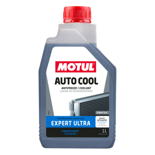 A 1-liter bottle of MOTUL Expert Ultra antifreeze and coolant, featuring a translucent gray bottle, a red cap, and a white label with blue and red accents.