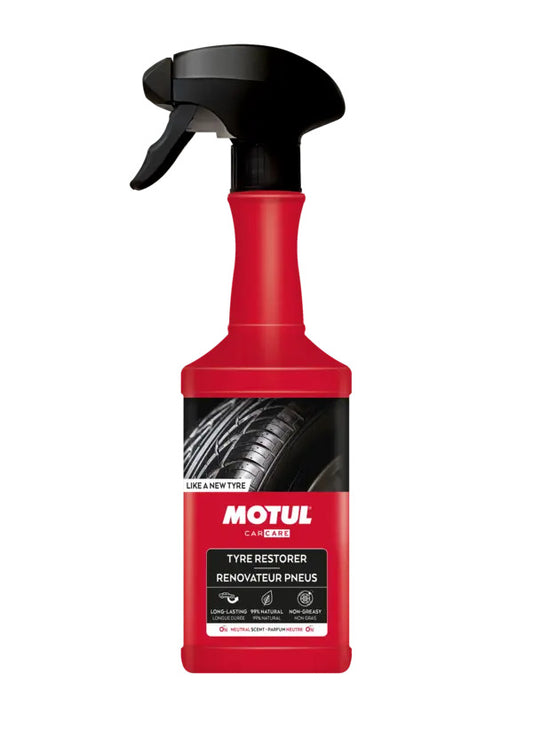 Motul Tyre Restorer revives and protects car tires, restoring deep black color and shine while preventing cracking and aging.