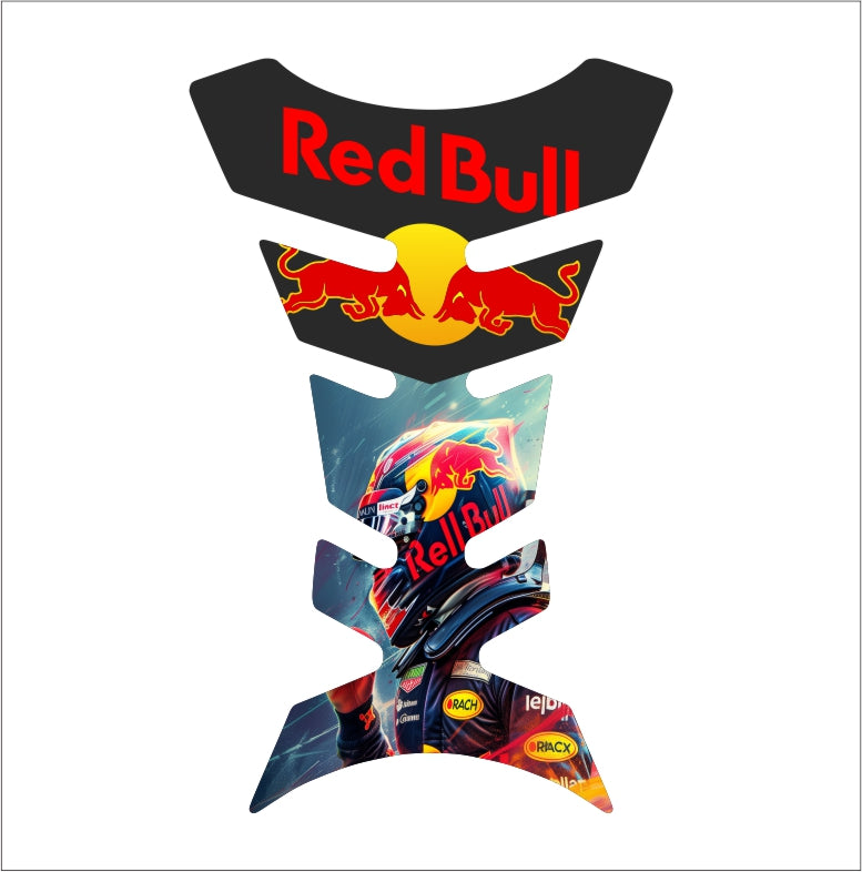 Red Bull Rush universal motorcycle tank pad – premium fuel tank protector with bold Red Bull racing graphics.
