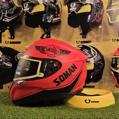 Soman full face motorcycle helmet in Hunter Red with sleek aerodynamic design and clear visor.