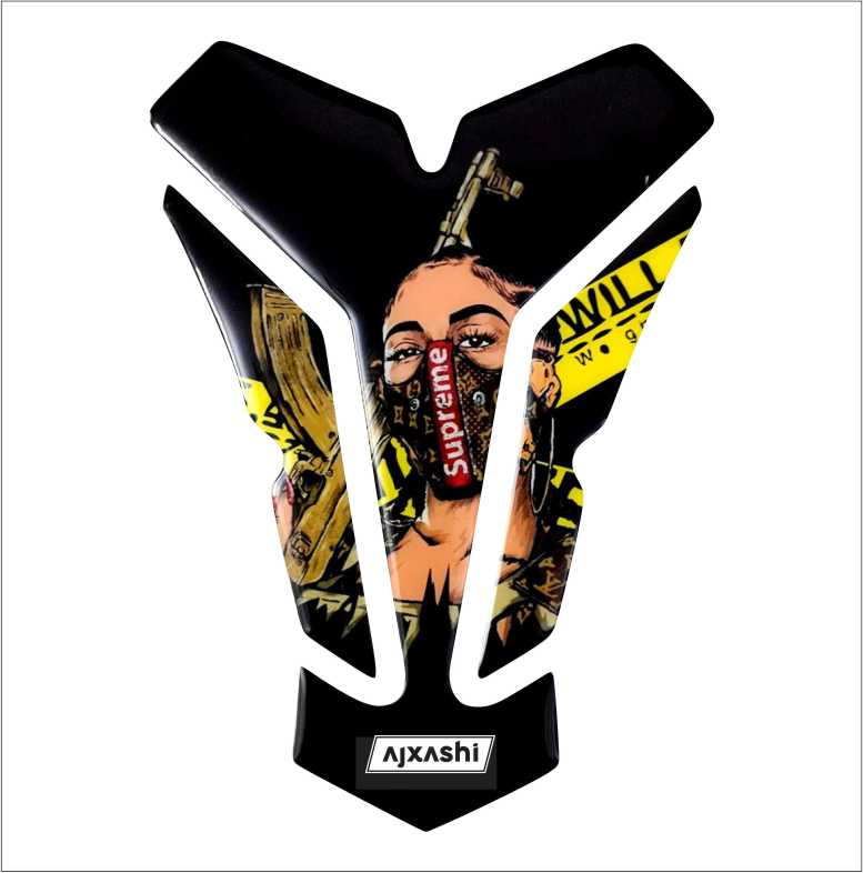 Universal motorcycle tank pad – edgy supreme girl-with-gun design for a bold custom look