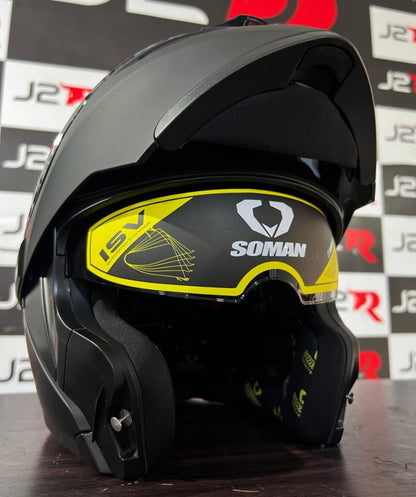 SOMAN Matt Black Modular Helmet featuring a smooth matte black finish, aerodynamic shape, and clear visor for a stylish and safe ride.