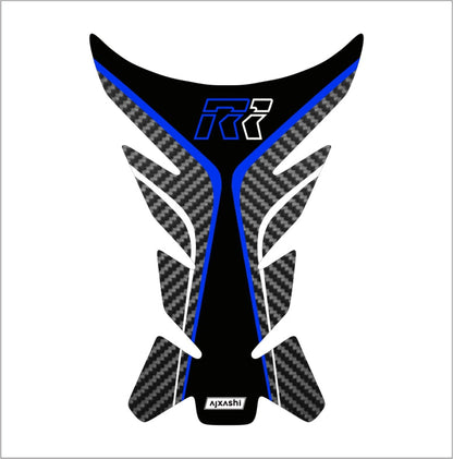 Universal blue R1 tank pad – durable motorcycle fuel tank protector with sleek carbon fiber accents.