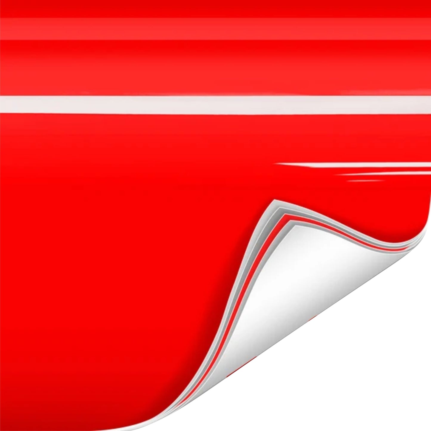 A glossy red vinyl wrap sheet or material sample with a curled lower-right corner revealing a white underside, shown on a white background.