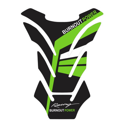 Universal green Burnout Power tank pad – scratch-resistant fuel tank protector with high-performance graphic.