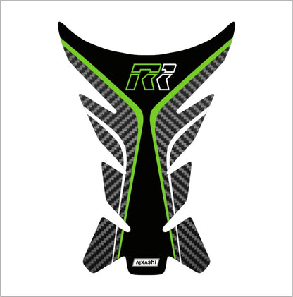 Universal green R1 tank pad – durable motorcycle fuel tank protector with sleek carbon fiber accents.