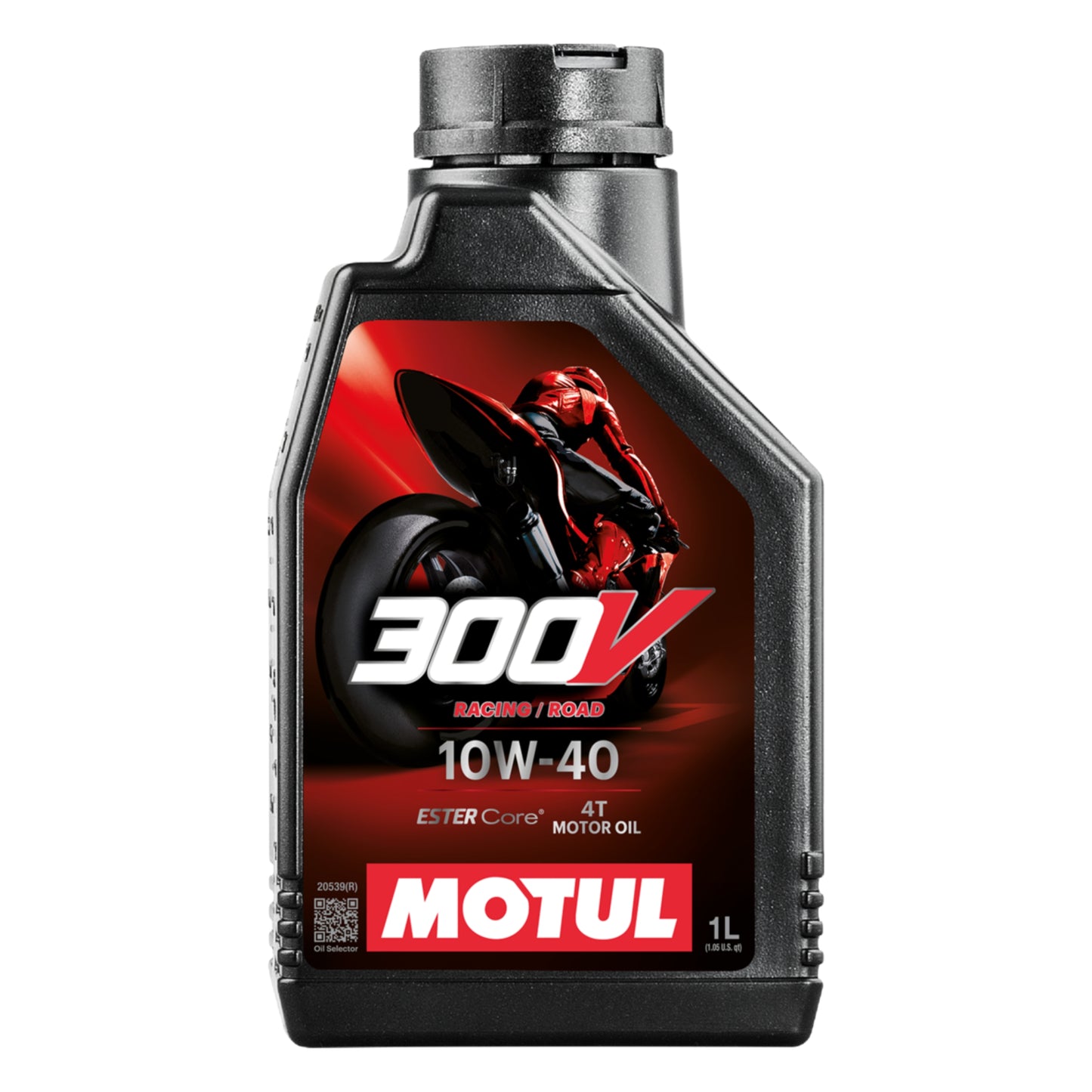 A bottle of MOTUL 300V Racing / Road 10W-40 motor oil, featuring a black plastic bottle with a red and black label depicting a motorcycle racer.