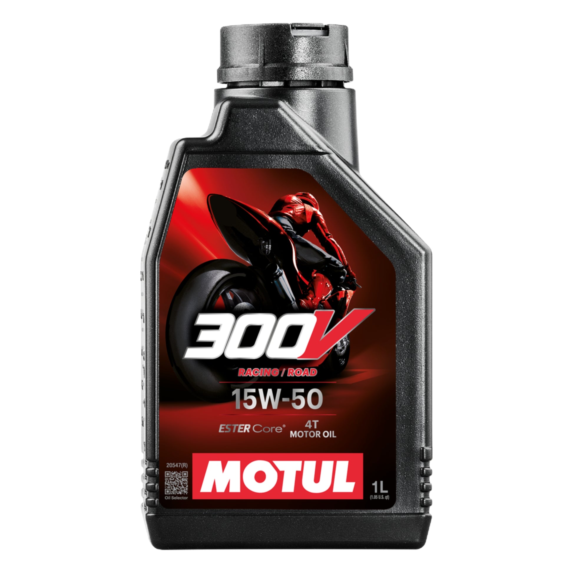 A bottle of MOTUL 300V Racing / Road 10W-40 motor oil, featuring a black plastic bottle with a red and black label depicting a motorcycle racer.