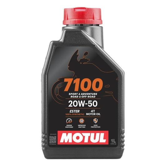 A bottle of MOTUL 7100 20W-50 4T Ester motor oil, featuring a black plastic bottle with a red cap and a black label with orange and red text.