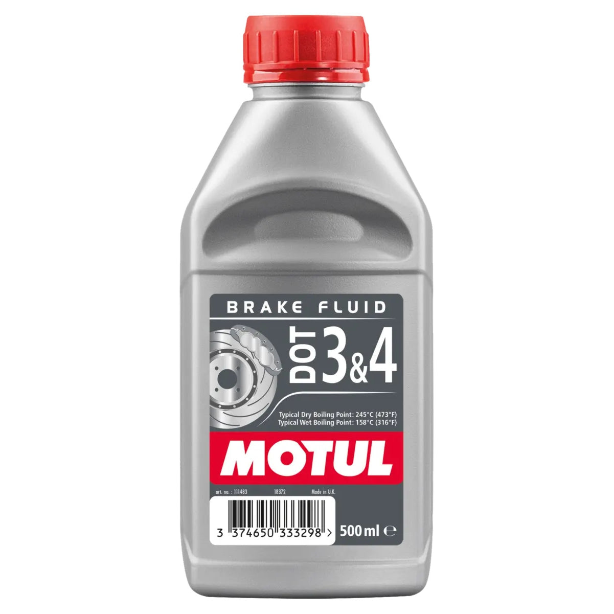 Motul DOT 3 & 4 brake fluid bottle designed for hydraulic brake and clutch systems with high boiling point and superior performance.