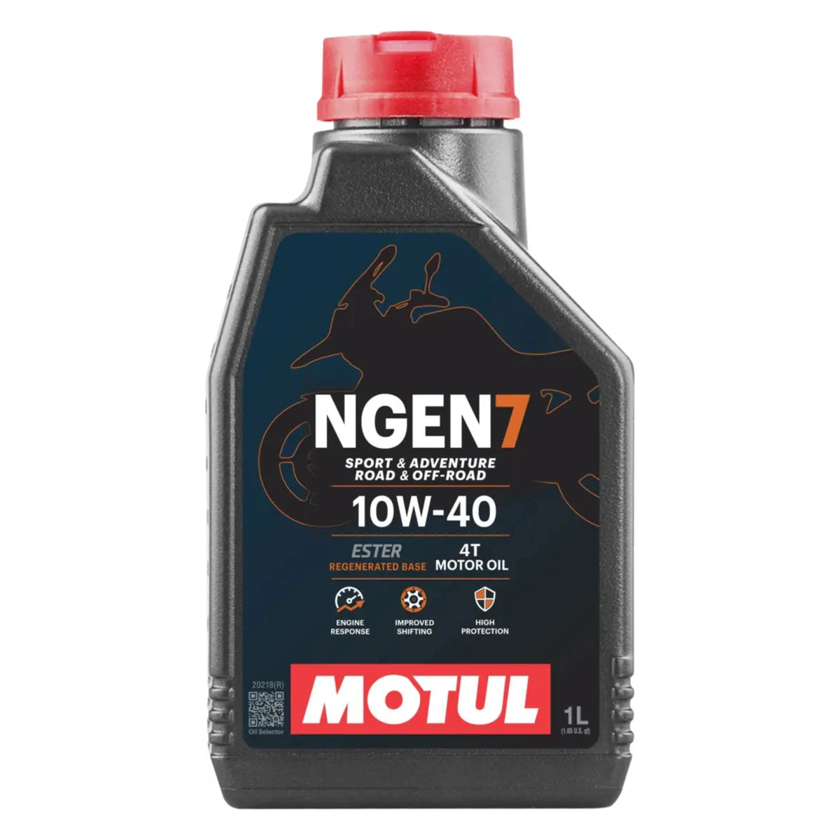 A bottle of MOTUL NGEN7 10W-40 Ester motor oil, 1L capacity, featuring a black plastic bottle with a red cap and a dark blue label with orange and white text.
