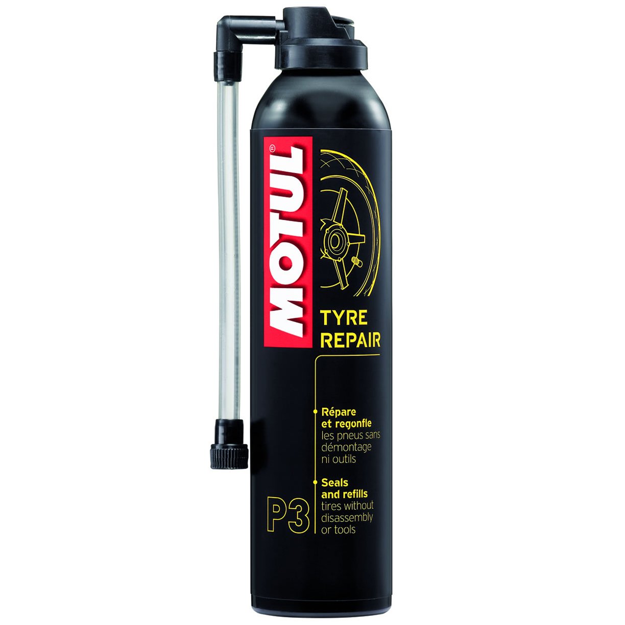 A can of MOTUL Tyre Repair P3 seal and refill, featuring a black body with a prominent red and white MOTUL logo and yellow text, complete with an attached metal spray nozzle, on a solid white background.
