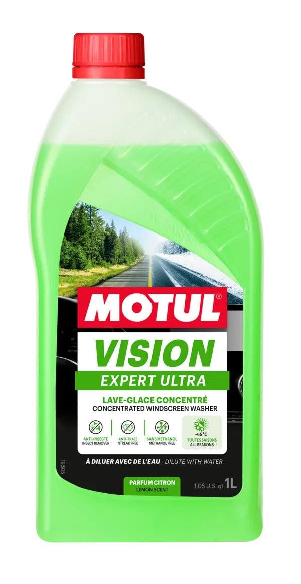 Motul Vision Expert Ultra windshield cleaner for cars, designed to remove dirt, bugs, and grime, ensuring clear visibility and safe driving in all conditions.