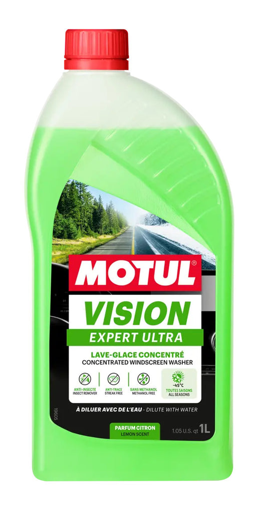 Motul Vision Expert Ultra windshield cleaner for cars, designed to remove dirt, bugs, and grime, ensuring clear visibility and safe driving in all conditions.