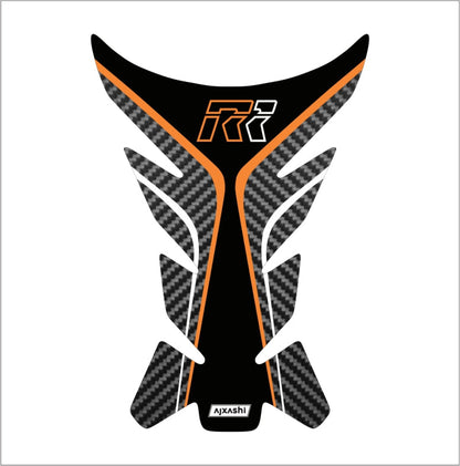 Universal orange R1 tank pad – durable motorcycle fuel tank protector with sleek carbon fiber accents.