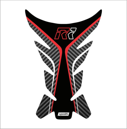 Universal red R1 tank pad – durable motorcycle fuel tank protector with sleek carbon fiber accents.
