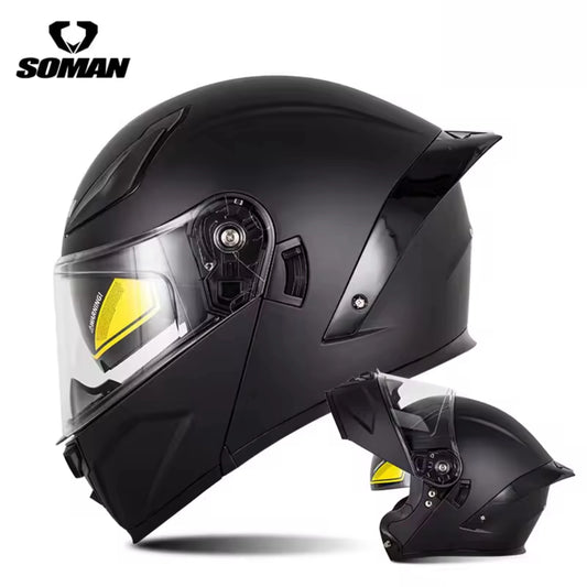 SOMAN Matt Black Modular Helmet featuring a smooth matte black finish, aerodynamic shape, and clear visor for a stylish and safe ride.