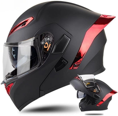 SOMAN Matt Black Modular Helmet with striking red spoiler, sleek aerodynamic design, and clear visor for a sporty and stylish look.