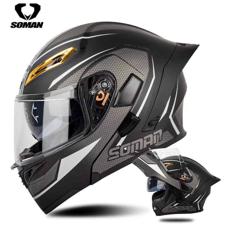 SOMAN Track Grey Modular Helmet with matte grey finish, aerodynamic shell, and clear visor offering style, comfort, and superior safety.