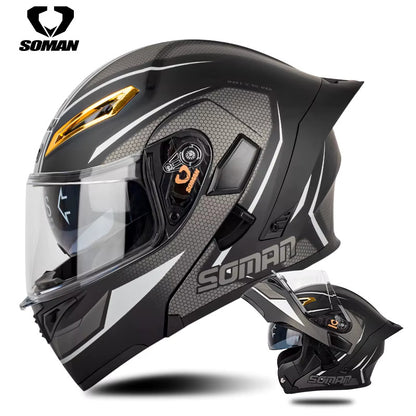SOMAN Track Grey Modular Helmet with matte grey finish, aerodynamic shell, and clear visor offering style, comfort, and superior safety.