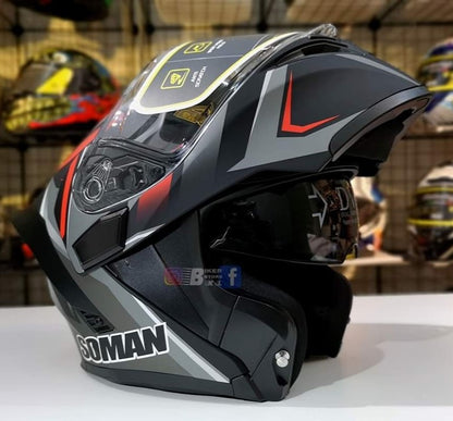 SOMAN Vision Red Modular Helmet featuring a sleek aerodynamic design, clear visor, and glossy red finish for stylish and safe motorcycle rides.