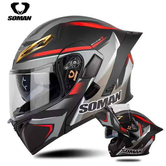 SOMAN Vision Red Modular Helmet featuring a sleek aerodynamic design, clear visor, and glossy red finish for stylish and safe motorcycle rides.