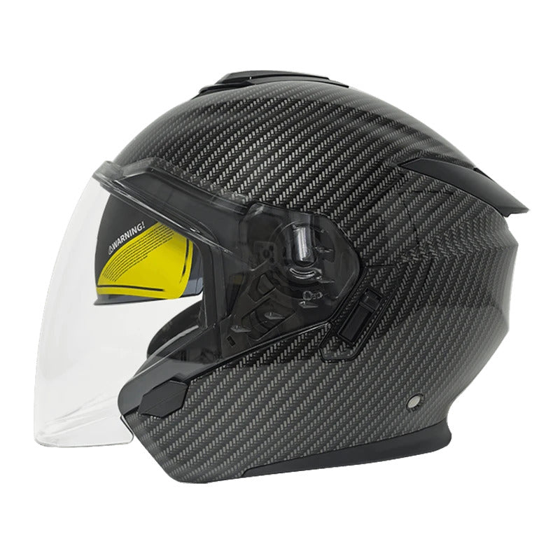 SOMAN Carbon Fiber Open Face Helmet featuring a sleek carbon fiber shell, open-face design, and clear visor for a modern, lightweight look.