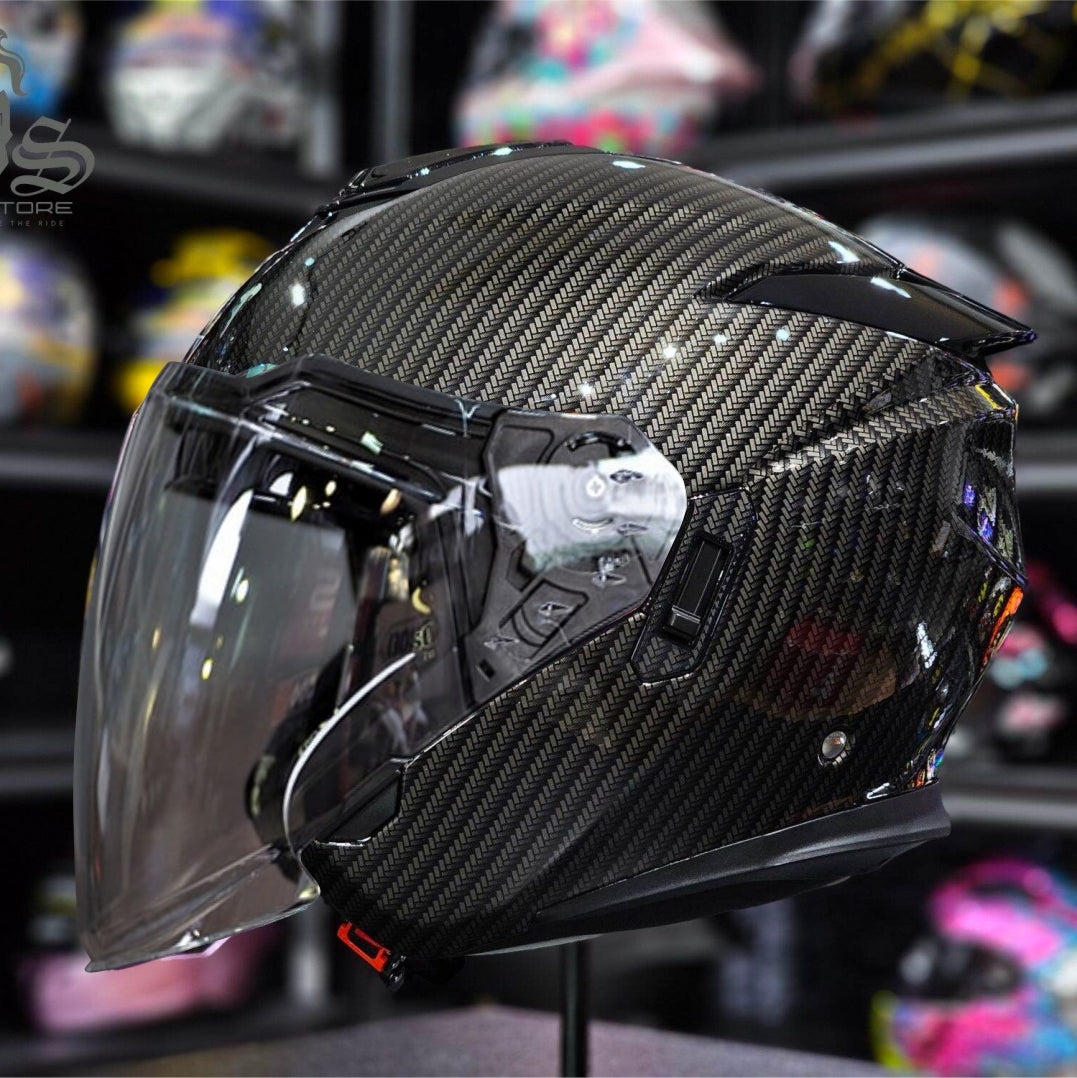 SOMAN Carbon Fiber Open Face Helmet featuring a sleek carbon fiber shell, open-face design, and clear visor for a modern, lightweight look.