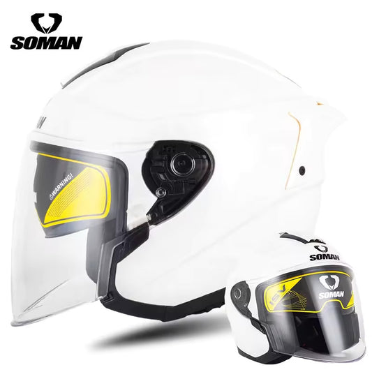 Soman Open Face Gloss White helmet – elegant open-face motorcycle helmet with clear visor, glossy finish, and comfortable inner padding